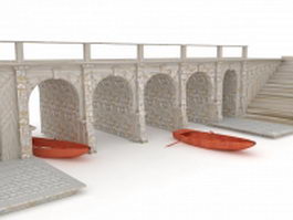 Stone bridge, wharf and boat 3d preview