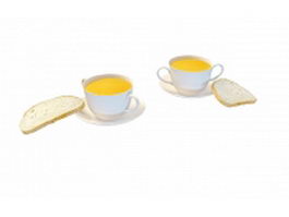 Tea with bread slice 3d preview