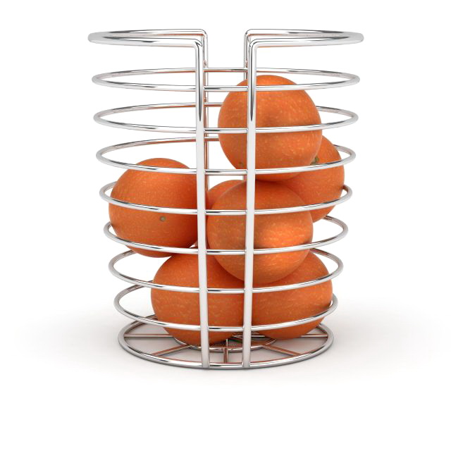 Wire fruit basket with orange 3d rendering