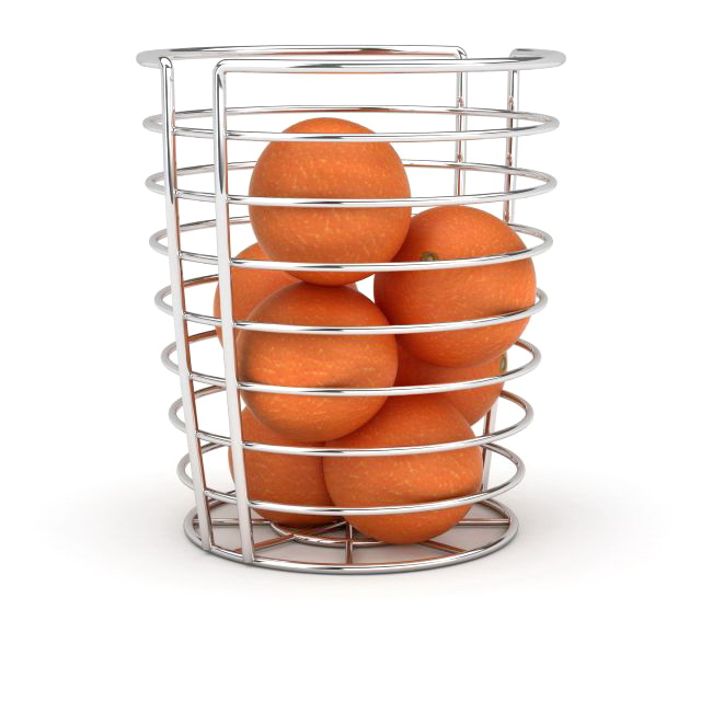 Wire fruit basket with orange 3d rendering