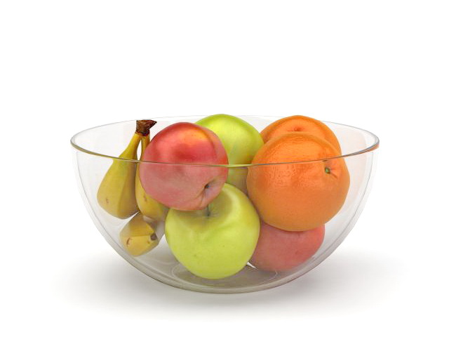 Banana apples orange glass bowl 3d rendering