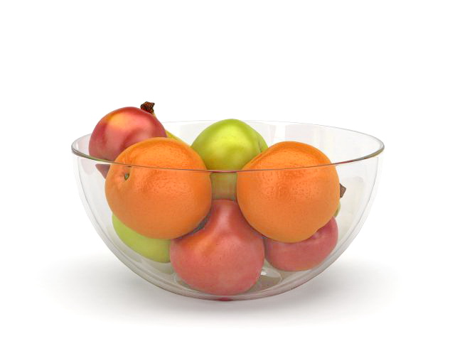 Banana apples orange glass bowl 3d rendering