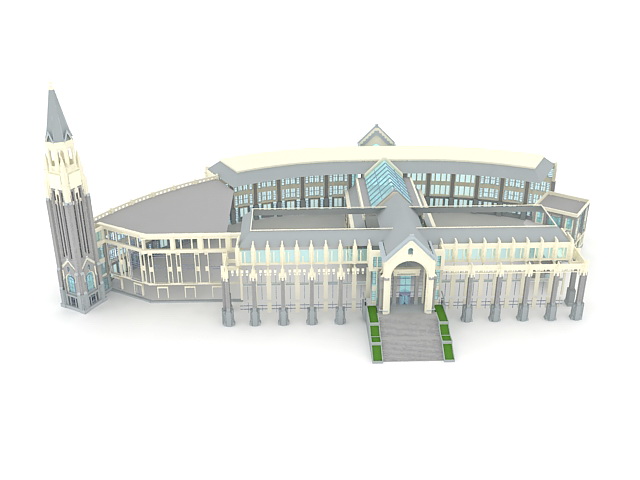 French colonial post office building 3d rendering
