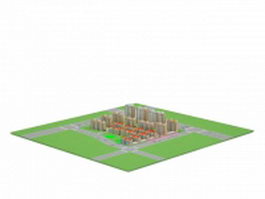 Flat buildings in residence district 3d model preview