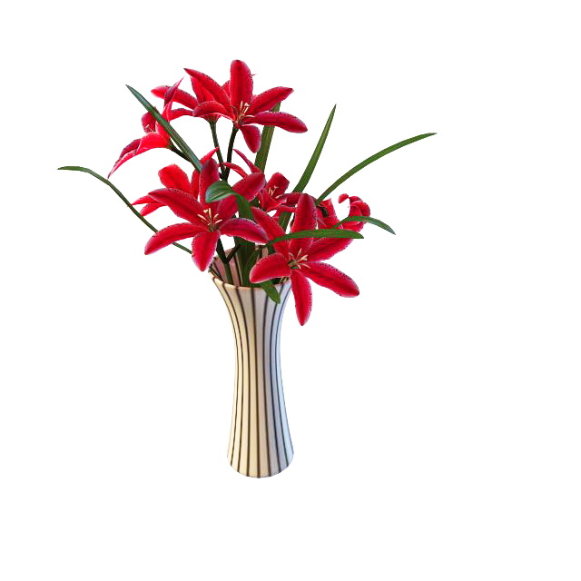 Striped vase with red flowers 3d rendering