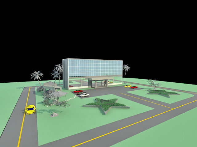 Office building and parking lot 3d rendering