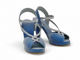 Blue high-heeled leather sandals 3d model preview