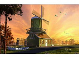 House with windmill 3d model preview