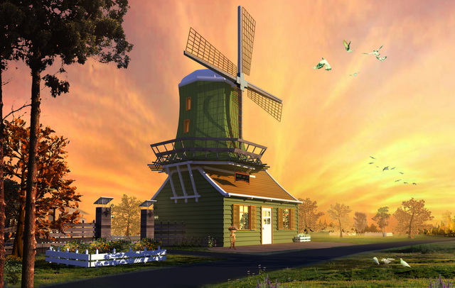 House with windmill 3d rendering