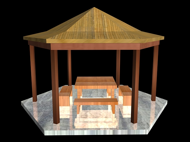Wooden gazebo with table and benches 3d rendering