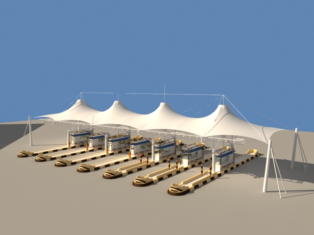 Toll collection area with tensile canopies 3d rendering