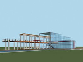 Glass architecture building with walkway 3d preview