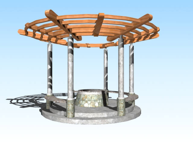 Wishing well with pergola 3d rendering