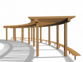 Wood pergola with bench 3d model preview