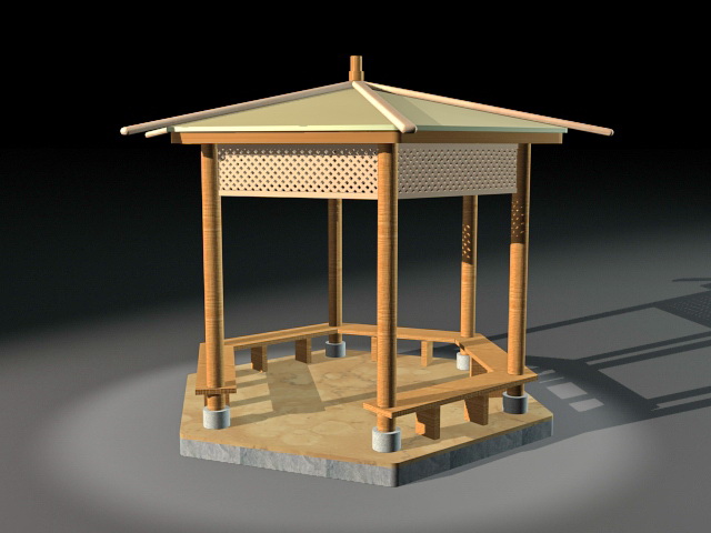 Backyard wooden gazebo 3d rendering