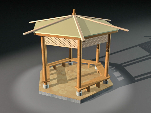 Backyard wooden gazebo 3d rendering