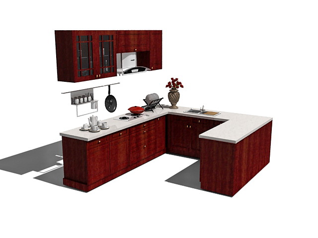 Red & white kitchen cabinets 3d rendering