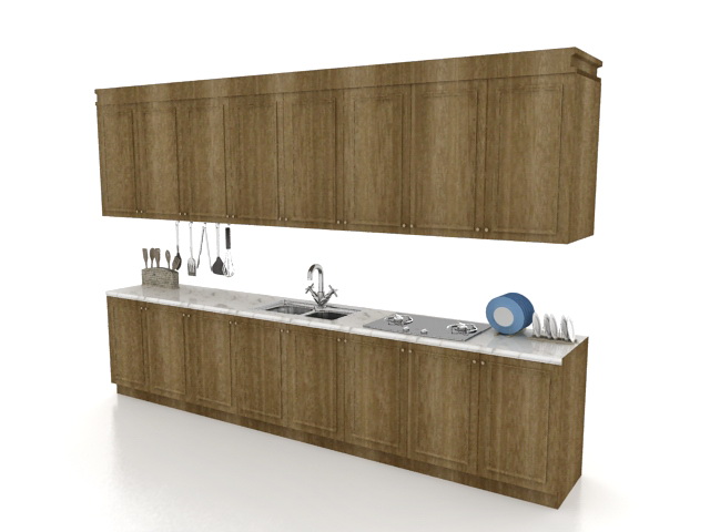 Straight line kitchen cabinets 3d rendering
