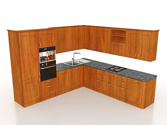 L-shaped kitchen cabinets 3d rendering