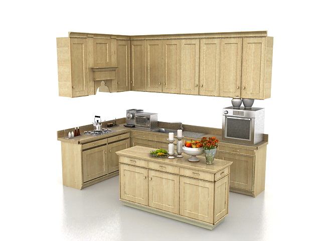 Small L kitchen with island 3d rendering