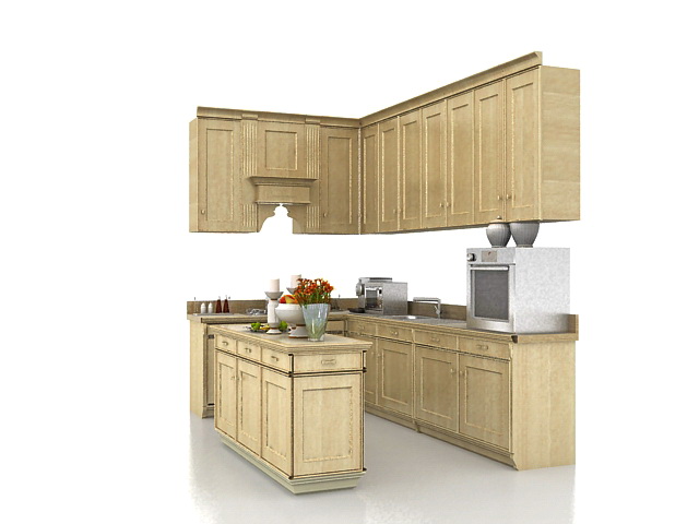Small L kitchen with island 3d rendering