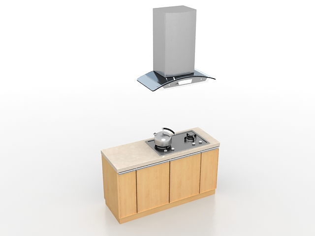 Apartment kitchen cabinet with extractor hood 3d rendering