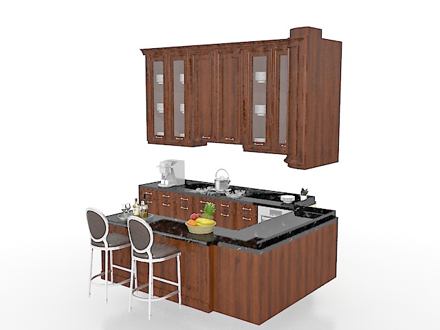 U-shaped kitchen with seating 3d rendering