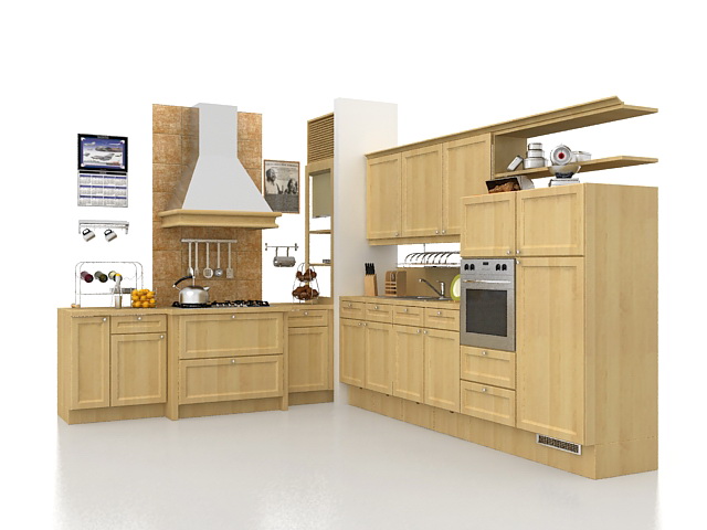 L shaped rustic kitchen design 3d rendering
