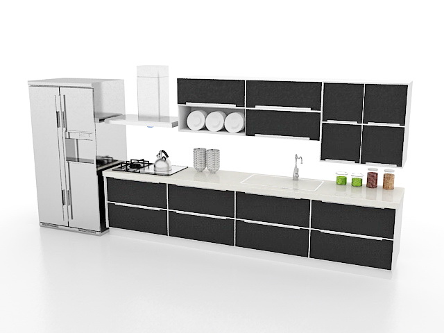 Black kitchen cabinets 3d rendering