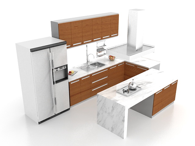 U shaped kitchen with peninsula 3d rendering