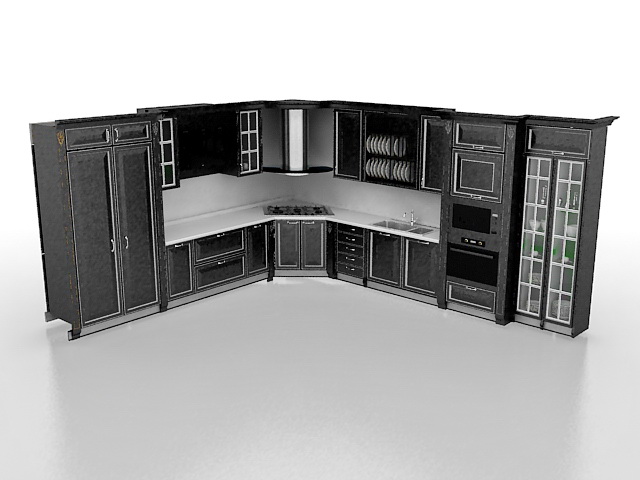 Black kitchen cabinet designs 3d rendering
