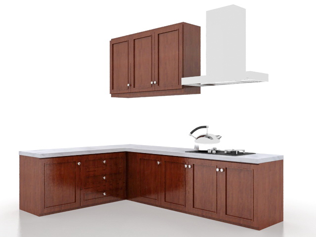 Simple L-shaped kitchen 3d rendering