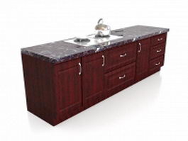 Red wood kitchen cabinets granite worktop 3d model preview
