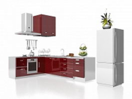 Red and white kitchen cabinets 3d preview