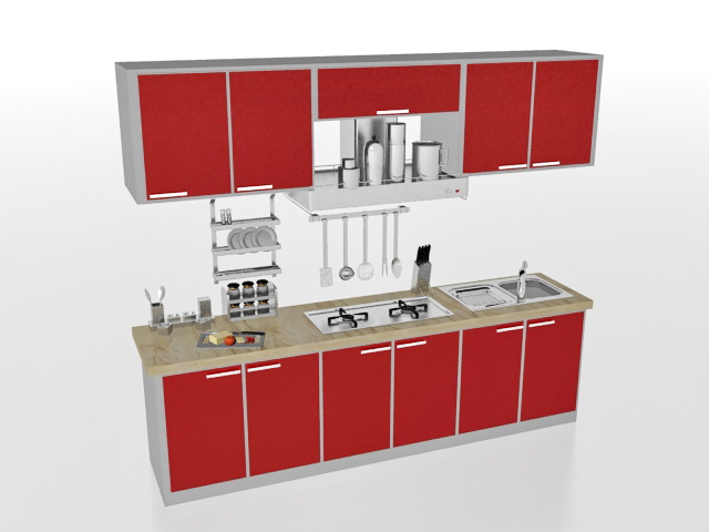 Red straight-line kitchen design 3d rendering
