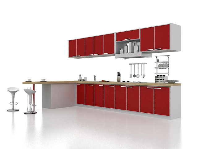 Red kitchen cabinet with breakfast bar 3d model 3ds Max files free