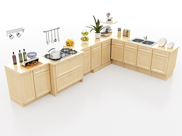 L-shaped kitchen floor cabinets 3d rendering