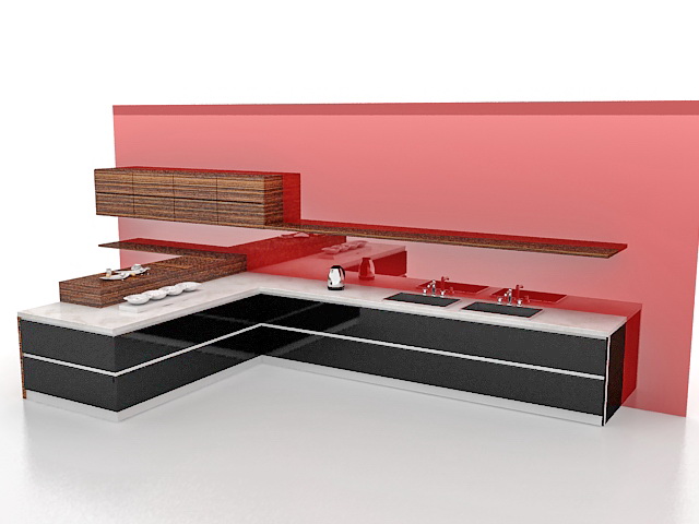 Black kitchen cabinets with red wall 3d rendering