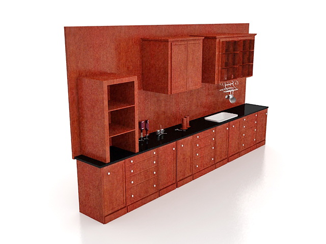 Antique red kitchen cabinets 3d rendering
