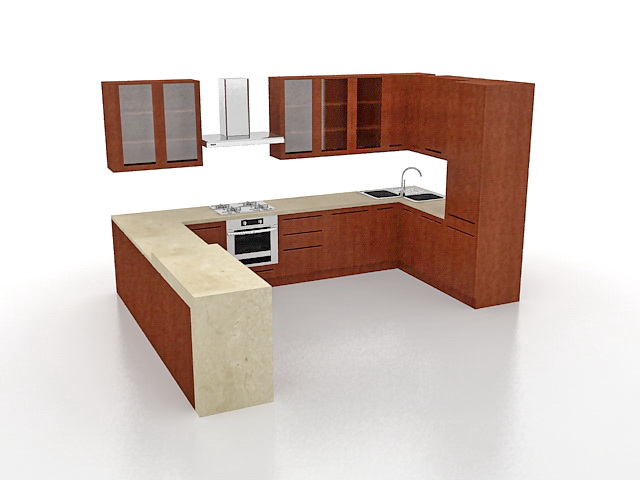 U-shaped kitchen design 3d rendering