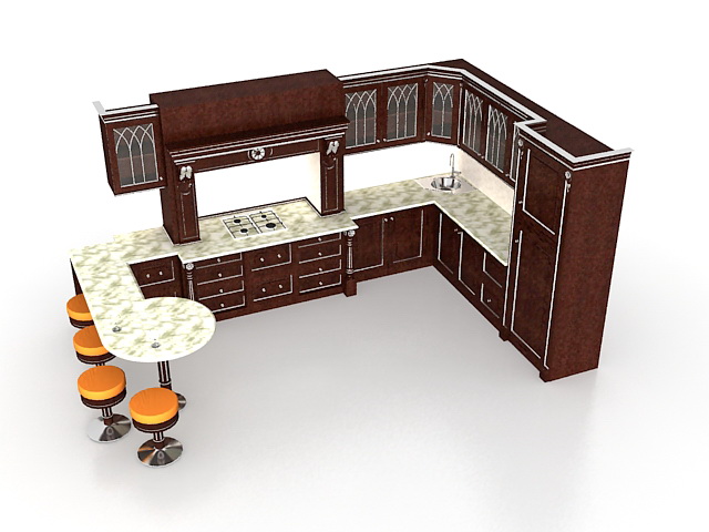 Classic L kitchen with bar 3d rendering