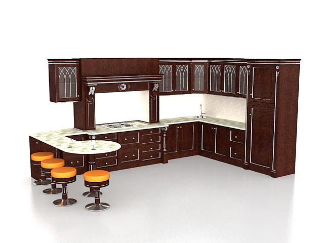Classic L kitchen with bar 3d rendering