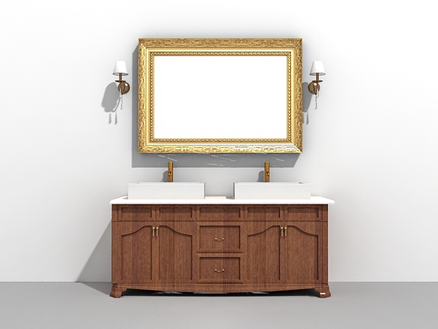 Double sink bathroom vanity with mirror and light fixtures 3d rendering