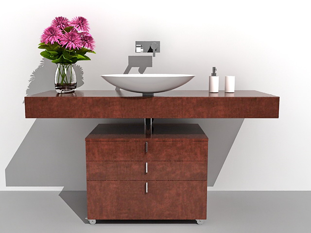 Wood bathroom vanity with vessel sink 3d rendering
