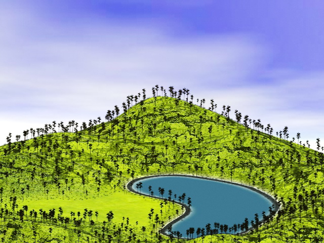 Lake and green hills 3d rendering