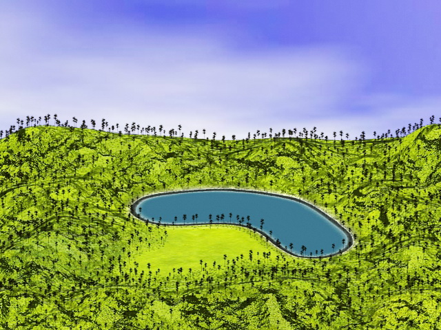 Lake and green hills 3d rendering