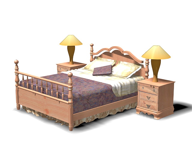 Antique wooden bedroom 3d rendering