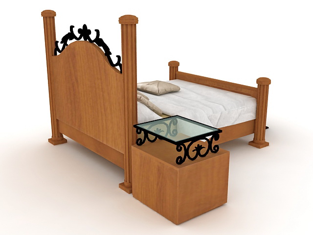 Wood and iron sleigh bed 3d rendering