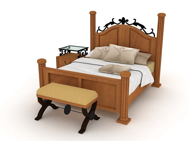 Wood and iron sleigh bed 3d rendering