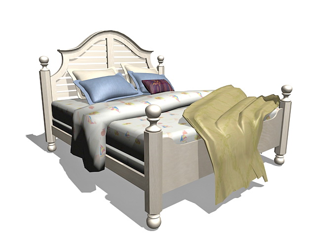 White wooden bed 3d rendering
